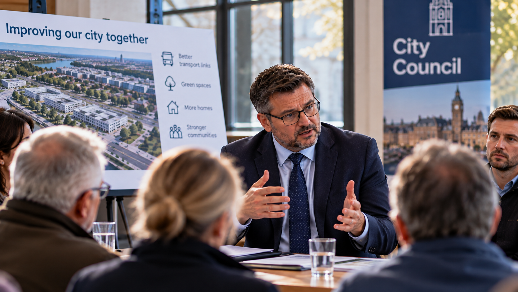 A local council leader discusses urban development plans with residents
